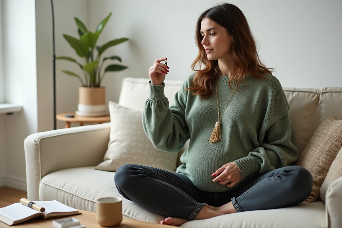 Jeune femme enceinte examinant un bola de grossesse assis sur un canapé dans un salon scandinave