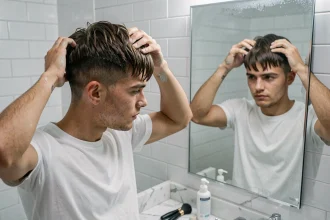 Jeune homme coiffant son French Crop devant un miroir de salle de bain le matin avec de la cire mate sur les doigts