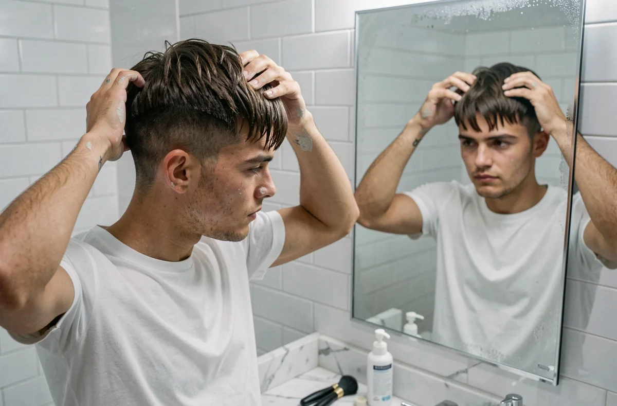 Jeune homme coiffant son French Crop devant un miroir de salle de bain le matin avec de la cire mate sur les doigts