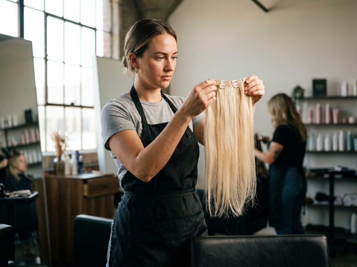 Coiffeuse professionnelle inspectant la qualité d'une extension de cheveux à clipser dans un salon