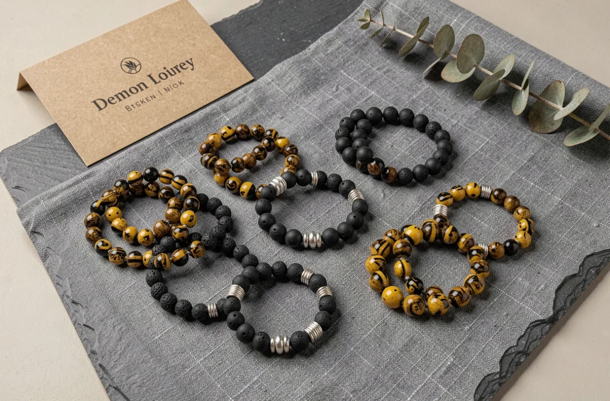 Collection de bracelets homme œil du tigre présentée en flat-lay sur tissu lin gris