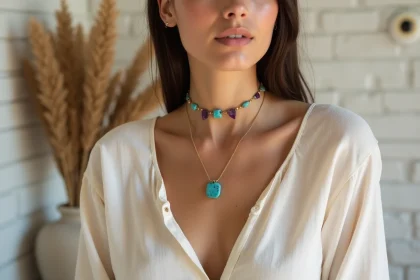 Femme portant un collier ras de cou bohème avec pierres naturelles turquoise et améthyste sur chaîne fine dorée