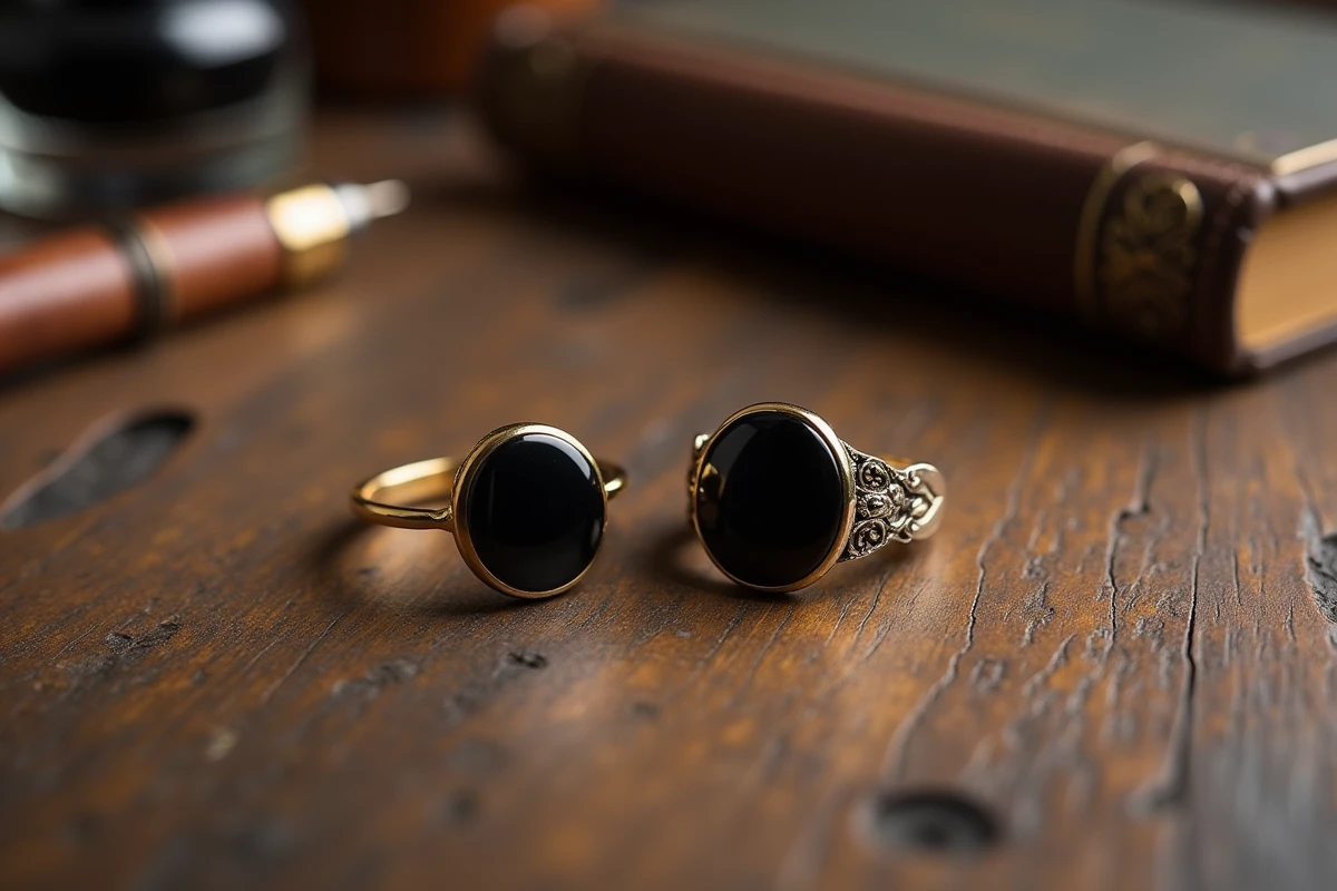 Comparaison de deux chevalières homme onyx, style minimaliste doré et vintage en or oxydé, sur bois ancien