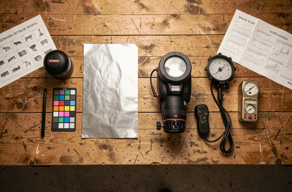Comparaison du matériel photo studio et lumière naturelle disposé en flat-lay sur une table en bois