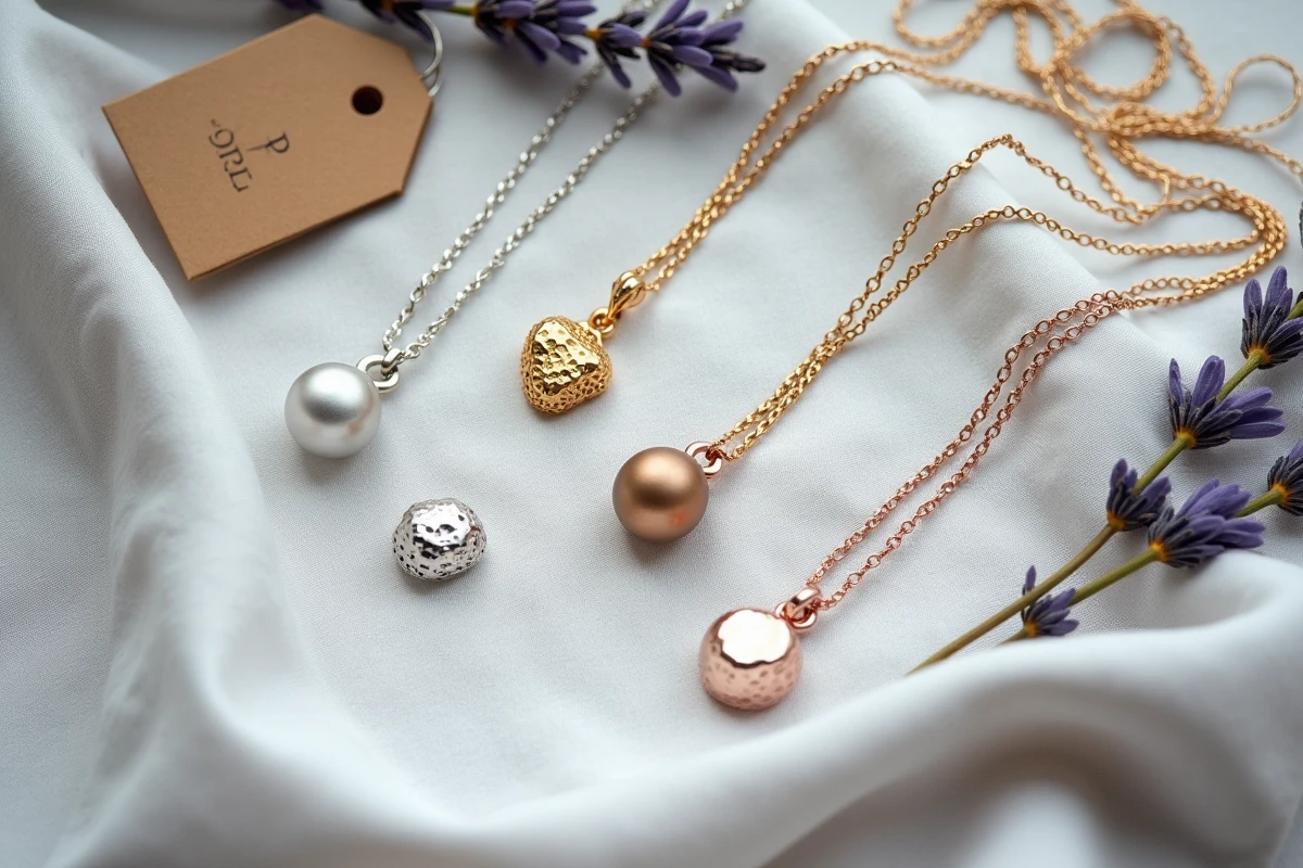 Comparatif de plusieurs bolas de grossesse en argent et or disposés en flat lay sur fond lin gris