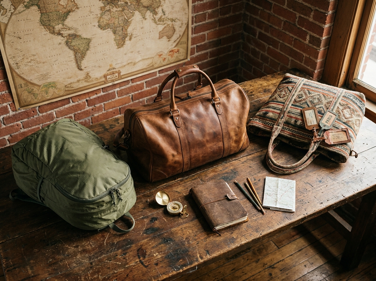 Comparatif de trois types de sacs de voyage disposés sur une table en bois rustique avec accessoires de voyage