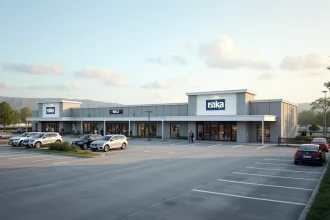 Vue extérieure du complexe commercial Pilou à Givors avec parking et façades modernes