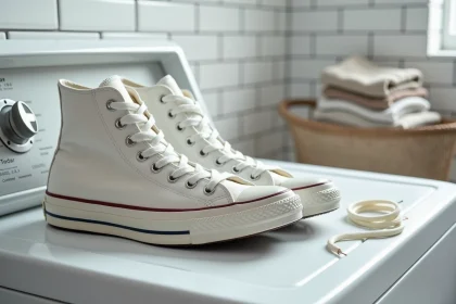 Paire de Converse blanches posées sur le bord d'un tambour de machine à laver avant le lavage, lacets retirés et sac filet à côté