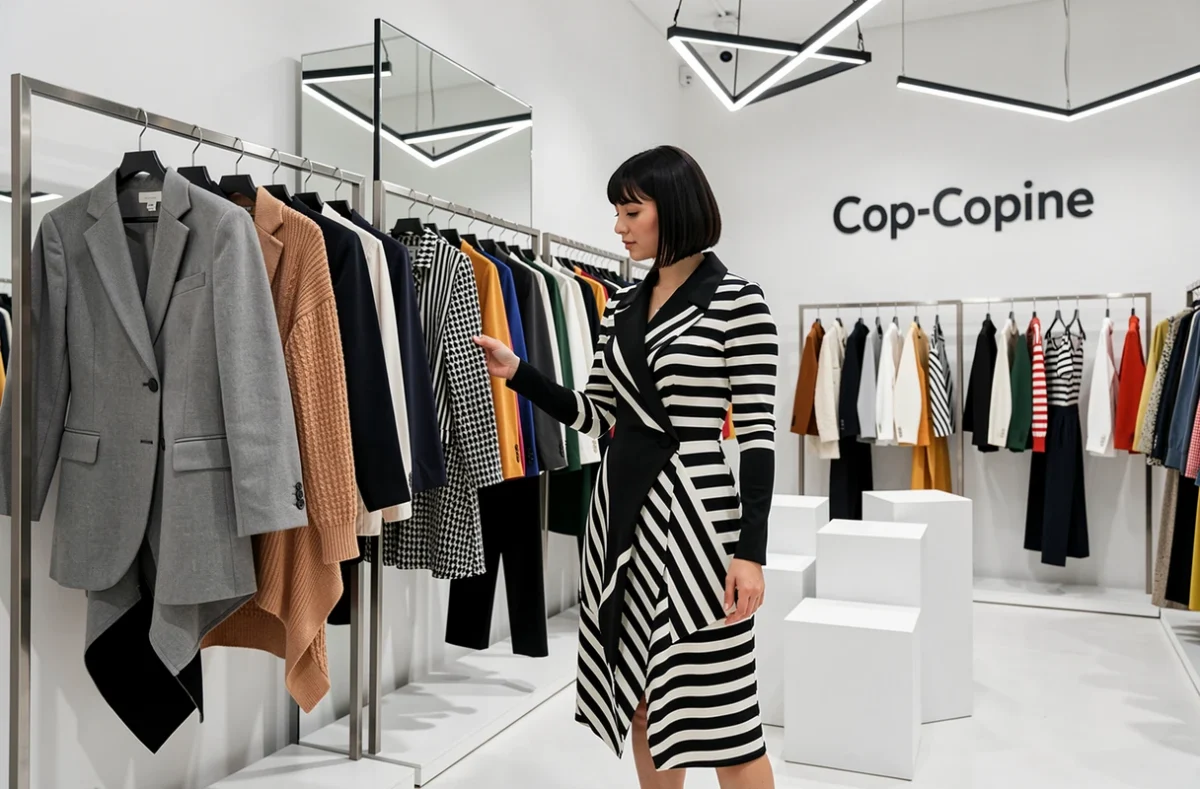 Intérieur moderne de la boutique Cop-Copine avec des vêtements féminins à la coupe structurée et graphique