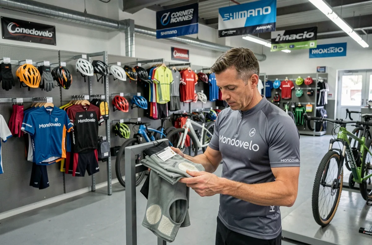 Espace Corner Mondovelo à Redon avec un employé en maillot de cyclisme tenant des cuissards près d'un présentoir de vélos de route et VTT