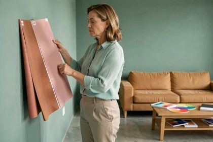 Designer tenant des échantillons de couleurs complémentaires au vert d'eau dans un salon moderne