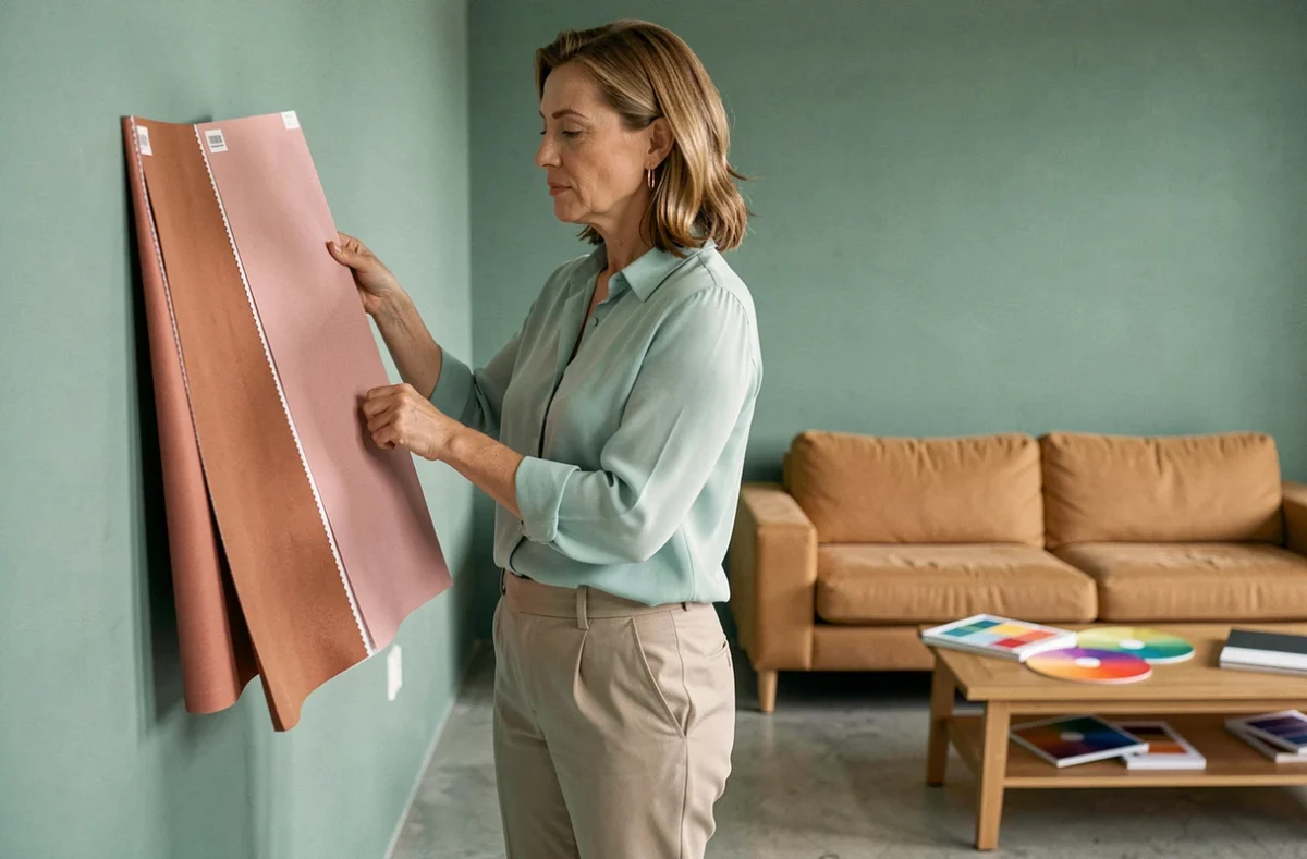 Designer tenant des échantillons de couleurs complémentaires au vert d'eau dans un salon moderne