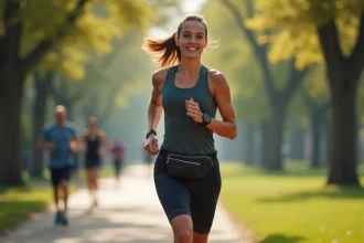 Femme en course dans un parc urbain au matin