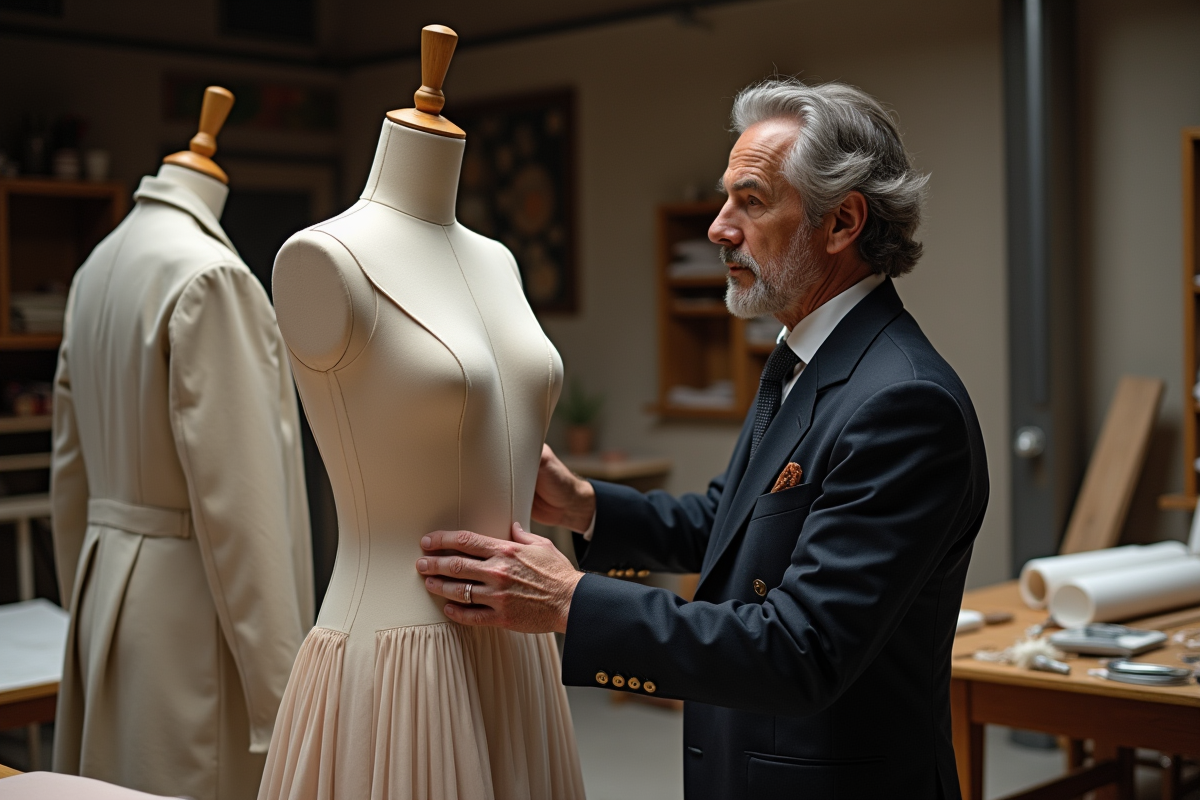 Couturier ajustant une robe haute couture dans son atelier