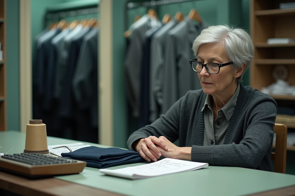 Couturière retoucheuse en boutique de retouches consultant un bon de commande à l'accueil avec des pantalons pliés sur le comptoir