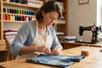 Couturière à domicile effectuant une retouche sur une salopette en denim pour enfant, dans un atelier de couture maison chaleureux