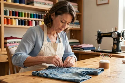 Couturière à domicile effectuant une retouche sur une salopette en denim pour enfant, dans un atelier de couture maison chaleureux
