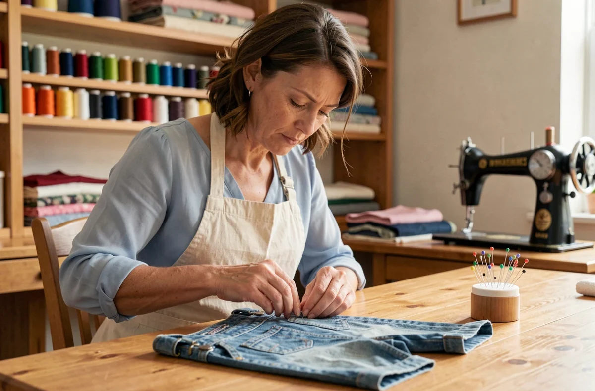 Couturière à domicile effectuant une retouche sur une salopette en denim pour enfant, dans un atelier de couture maison chaleureux