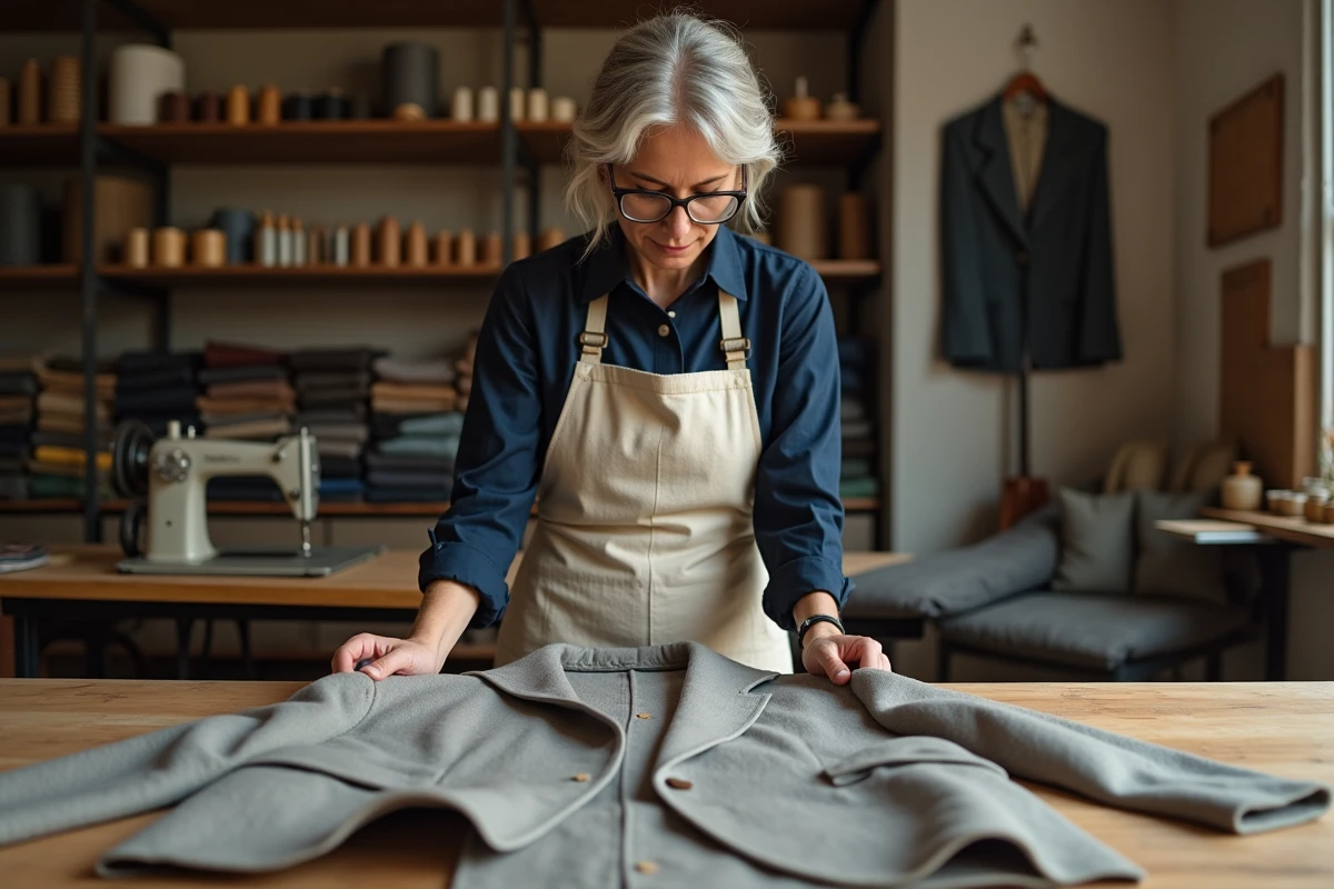 Couturière retoucheuse professionnelle examinant un blazer en laine sur une table de coupe dans son atelier