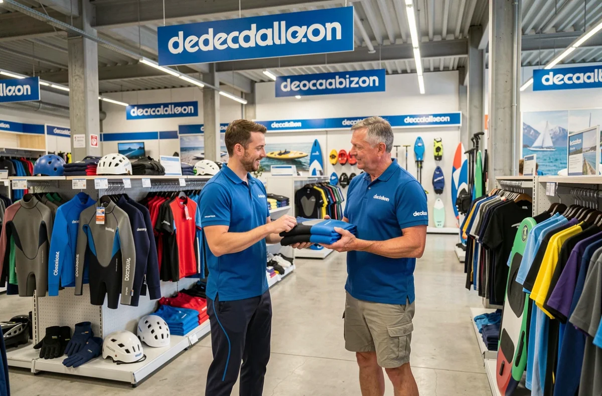 Intérieur du Decathlon Concarneau avec un employé en polo bleu présentant une combinaison de surf à un client dans le rayon sports nautiques