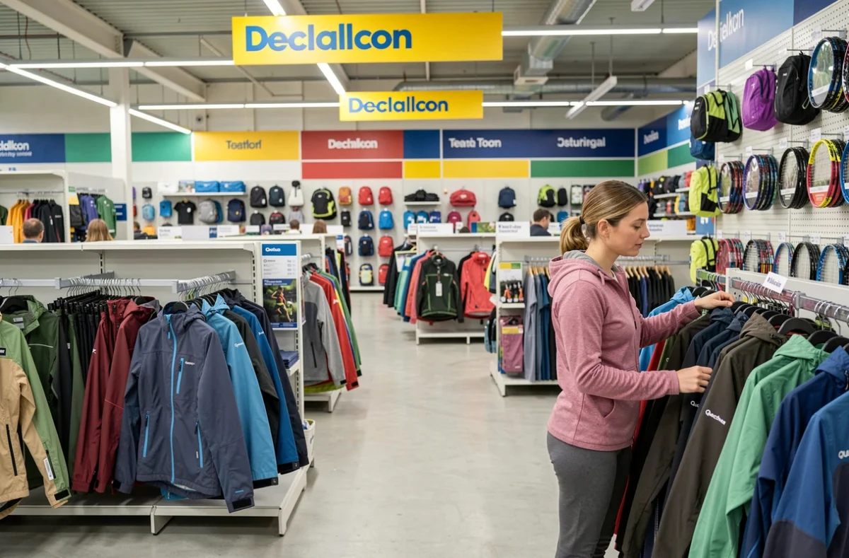 Intérieur du magasin Decathlon Provins avec ses rayons multi-sports et une cliente consultant des vestes de randonnée
