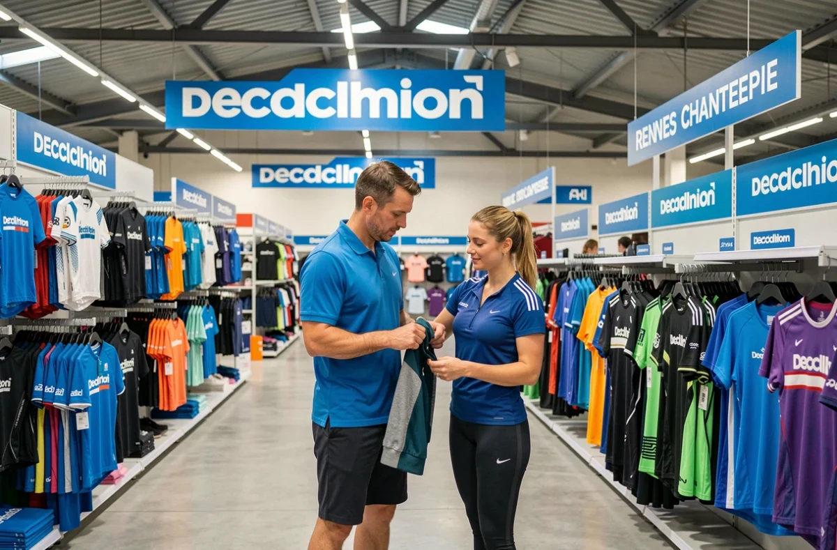 Intérieur du Decathlon Rennes Chantepie avec un employé en polo bleu aidant une cliente à choisir une veste de running parmi les rayons de vêtements de sport