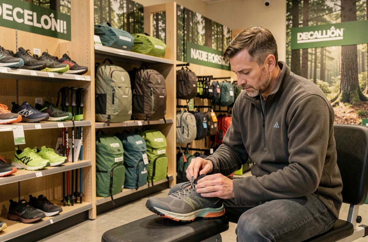 Rayon sports outdoor du Decathlon Villiers-en-Bière avec un client essayant des chaussures de trail près de Fontainebleau