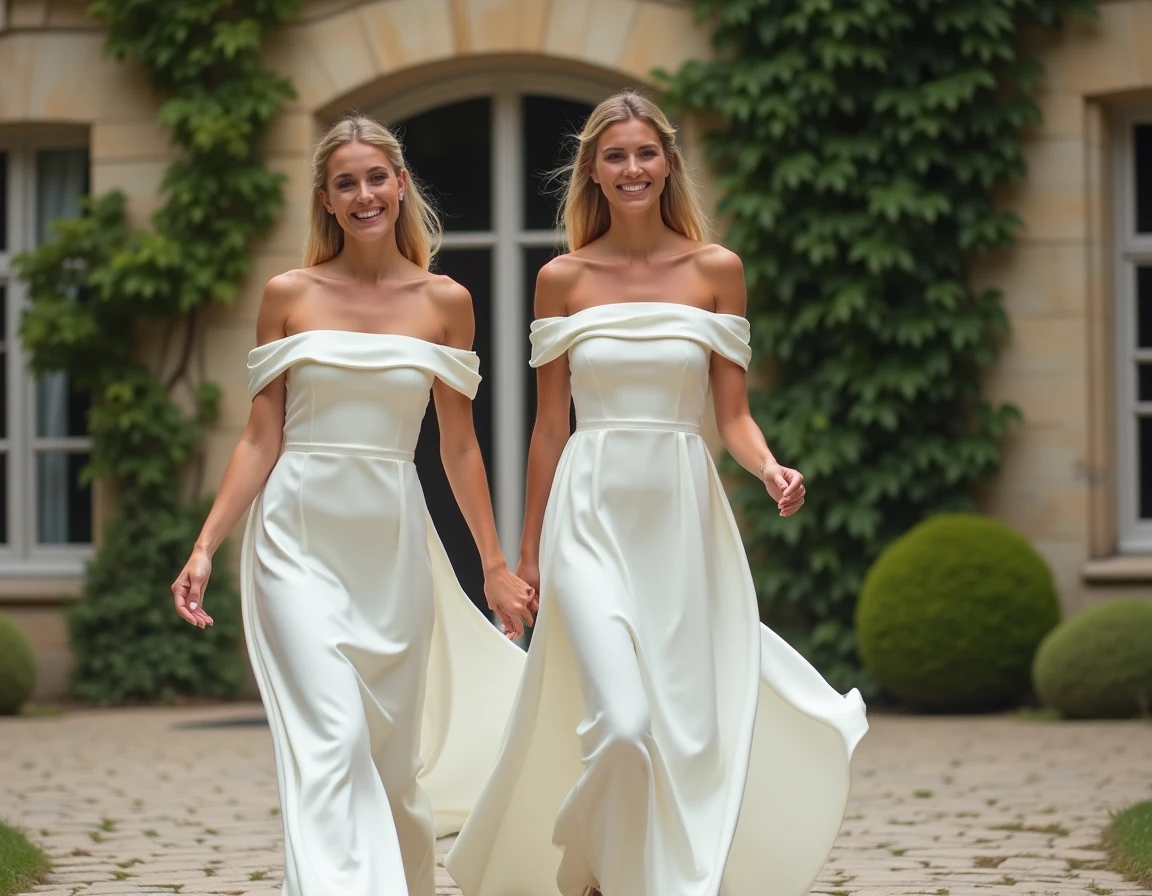Deux demoiselles d'honneur en robes blanches longues satin marchant devant un château français