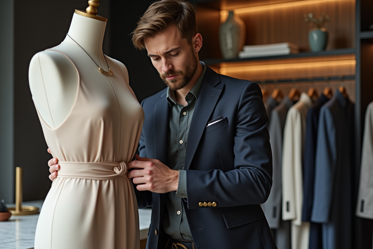 Jeune créateur ajustant une robe dans son atelier