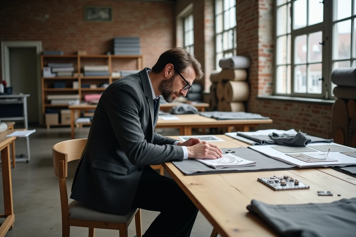 Designer de mode masculin assemblant un prototype de vêtement électronique connecté dans un atelier créatif