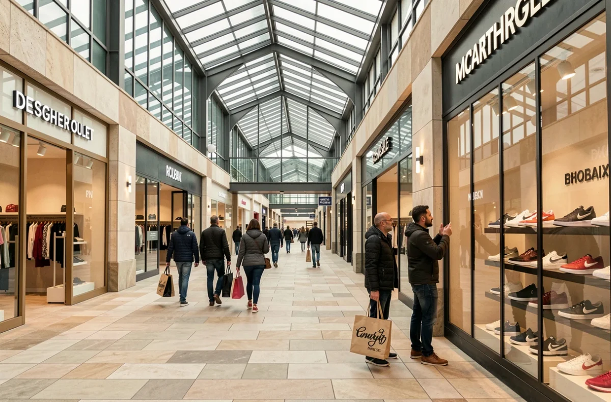 Galerie marchande du Designer Outlet de Roubaix avec des boutiques de sneakers et des visiteurs