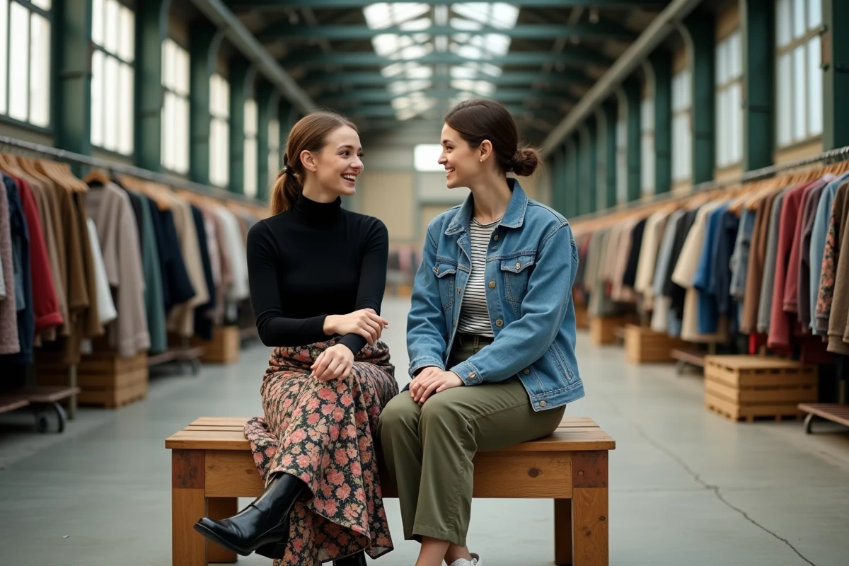 Deux étudiantes comparant des vêtements chinés dans un marché de friperie parisien, ambiance vintage et décontractée
