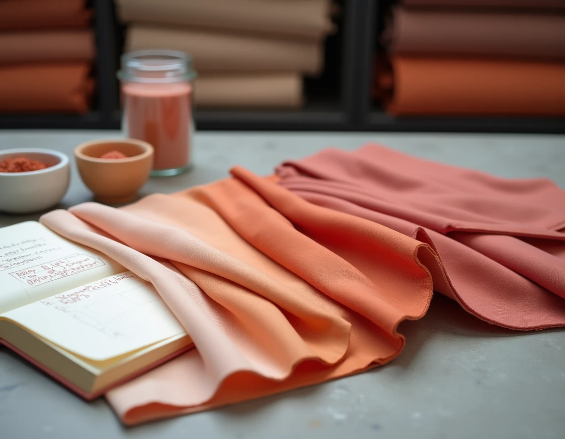 Échantillons de tissu polyester teintés en dégradé rose et terracotta sur béton brut avec notes de recettes de teinture