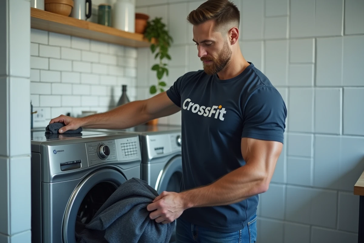 Homme rangeant son t-shirt de CrossFit dans le lave-linge pour un entretien facile après le WOD