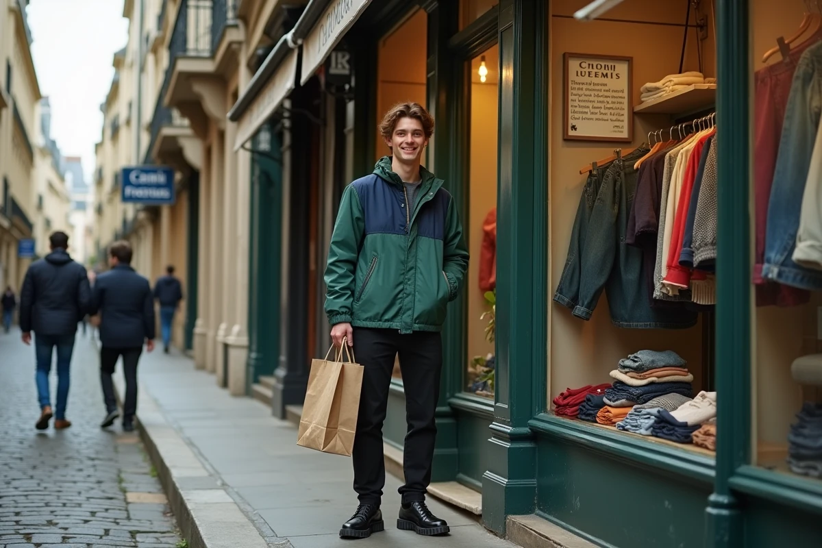 Étudiant devant une friperie parisienne tenant ses achats, habillé d'un coupe-vent color-block vintage des années 90