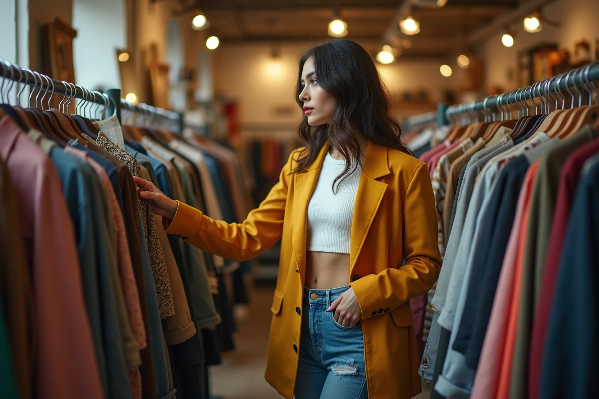Étudiante parisienne chinant dans une friperie vintage, portant un blazer oversize moutarde et un jean taille haute