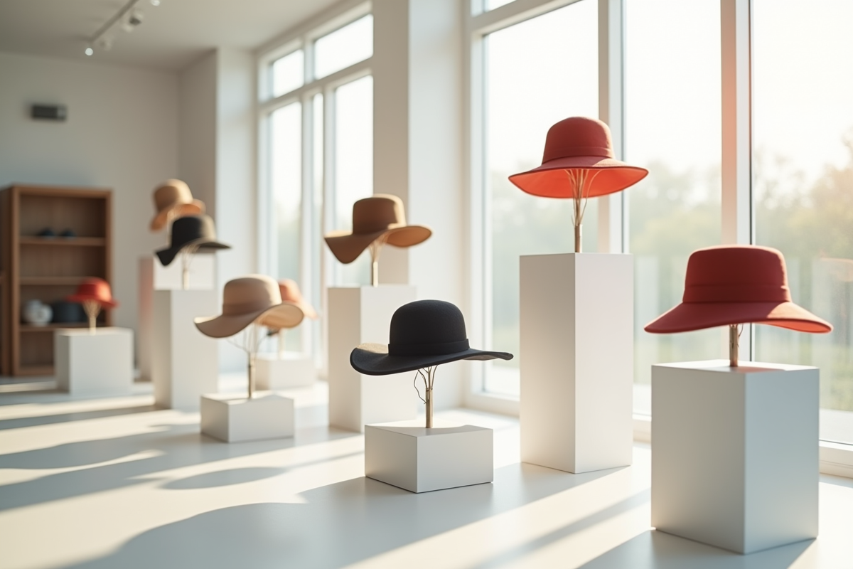 Vitrine moderne avec chapeaux élégants dans une boutique lumineuse