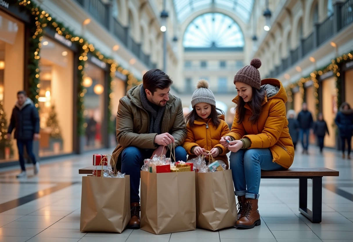Famille avec enfants organise cadeaux dans centre commercial