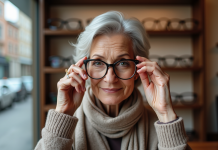 Femme de 70 ans essayant des lunettes modernes dans une boutique