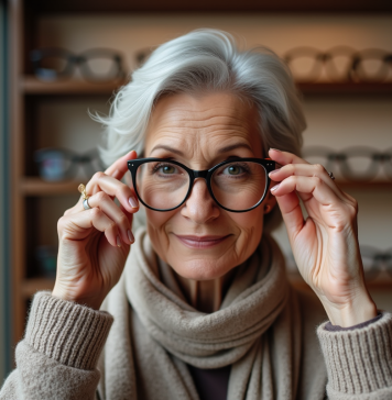 Femme de 70 ans essayant des lunettes modernes dans une boutique