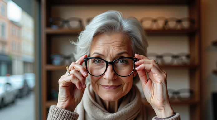 Femme de 70 ans essayant des lunettes modernes dans une boutique