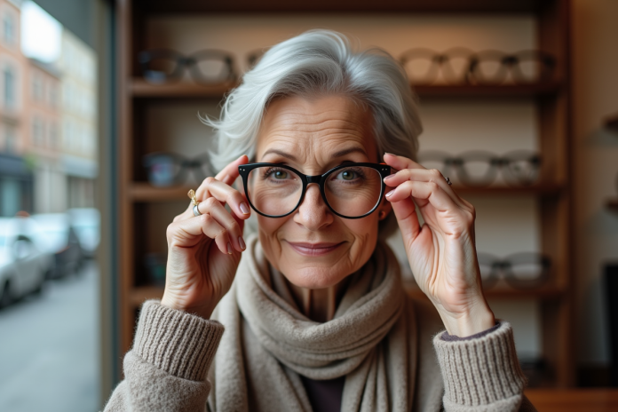 Femme de 70 ans essayant des lunettes modernes dans une boutique