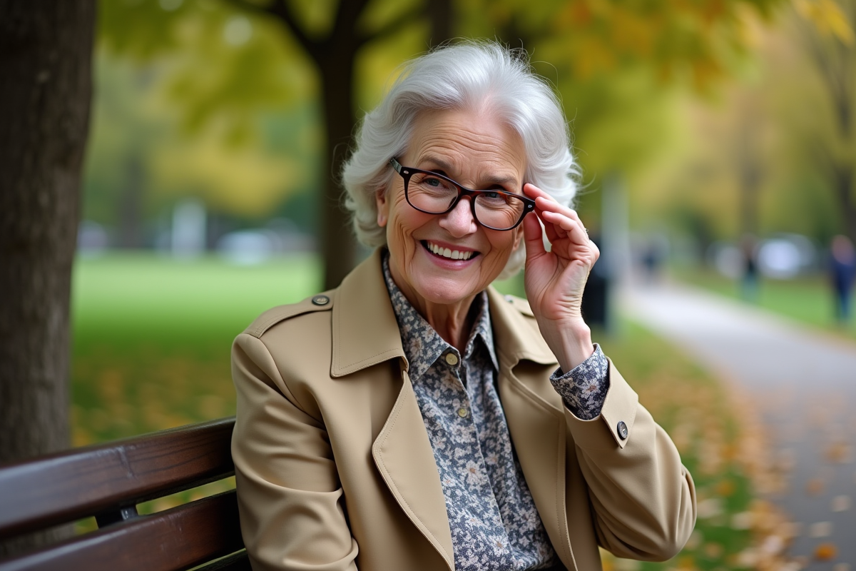 Femme de 70 ans ajustant ses lunettes dans un parc en plein air