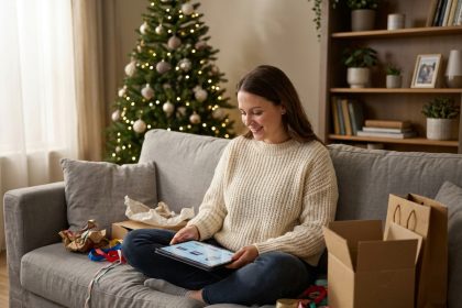 Femme en pull douillet commandant des cadeaux de dernière minute sur une tablette entourée de boîtes et rubans dans un salon de Noël
