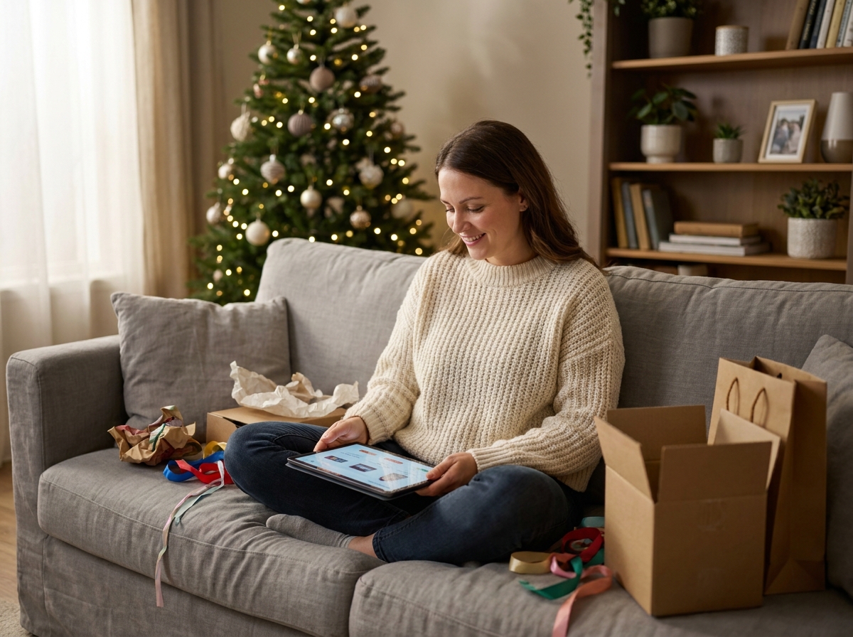 Femme en pull douillet commandant des cadeaux de dernière minute sur une tablette entourée de boîtes et rubans dans un salon de Noël