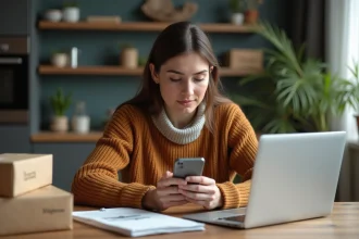 Femme utilisant une appli de vêtements d'occasion