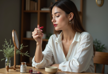Femme appliquant du rouge à lèvres dans un miroir vintage