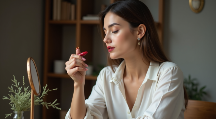 Femme appliquant du rouge à lèvres dans un miroir vintage