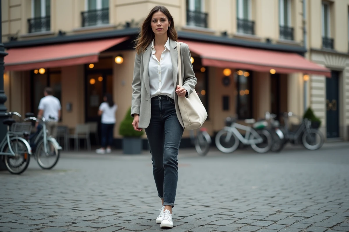 Femme portant des baskets minimalistes européennes en marchant sur un trottoir pavé parisien près d'une terrasse de café
