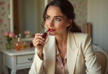 Rouge à lèvres des acteurs : découvrez leurs secrets beauté ! Femme élégante appliquant du rouge à lèvres dans dressing